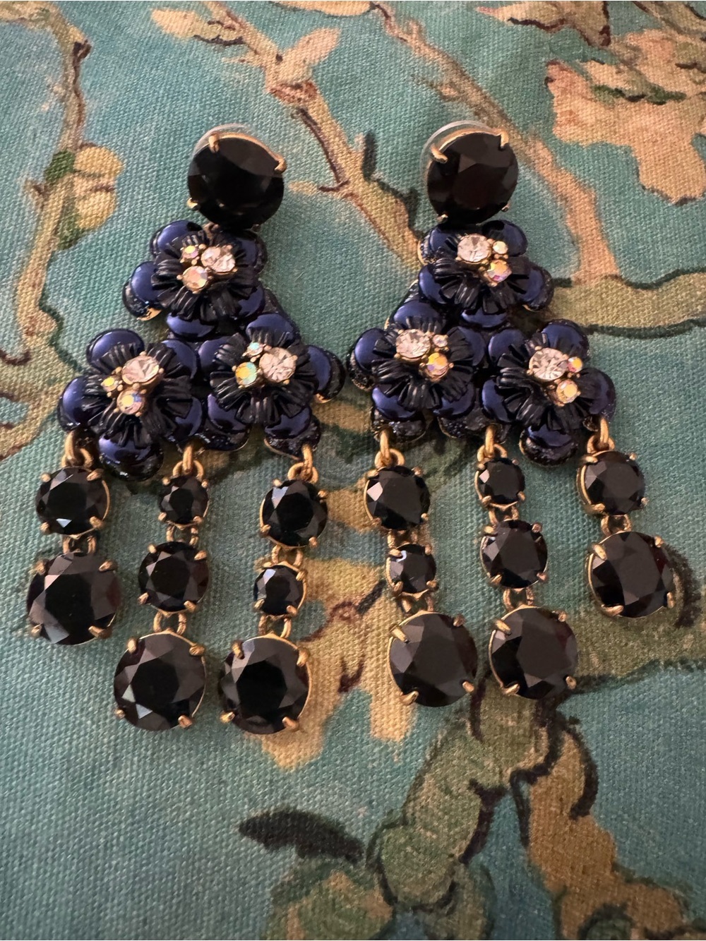 J. Crew Navy Floral Chandelier Earrings with Black Crystal Drops